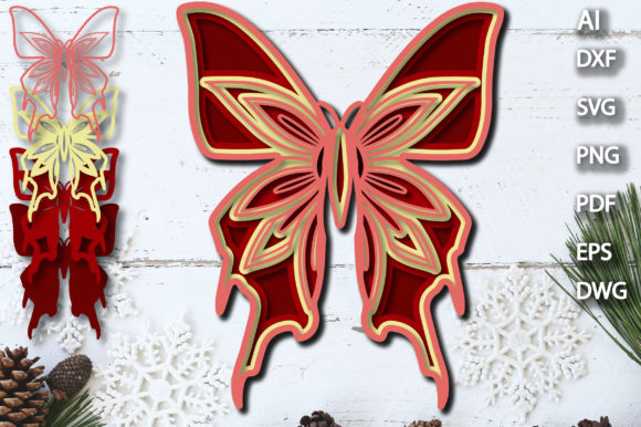 3D Red Floral Butterfly Multilayer SVG